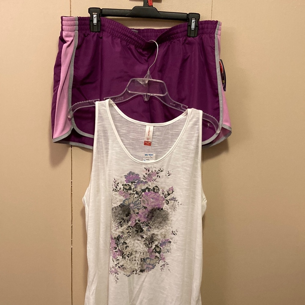 2XL Set:Purple DANSKIN LINED SHORTS + White NO BOUNDRIES TANK SHIRT w/Flower NWT